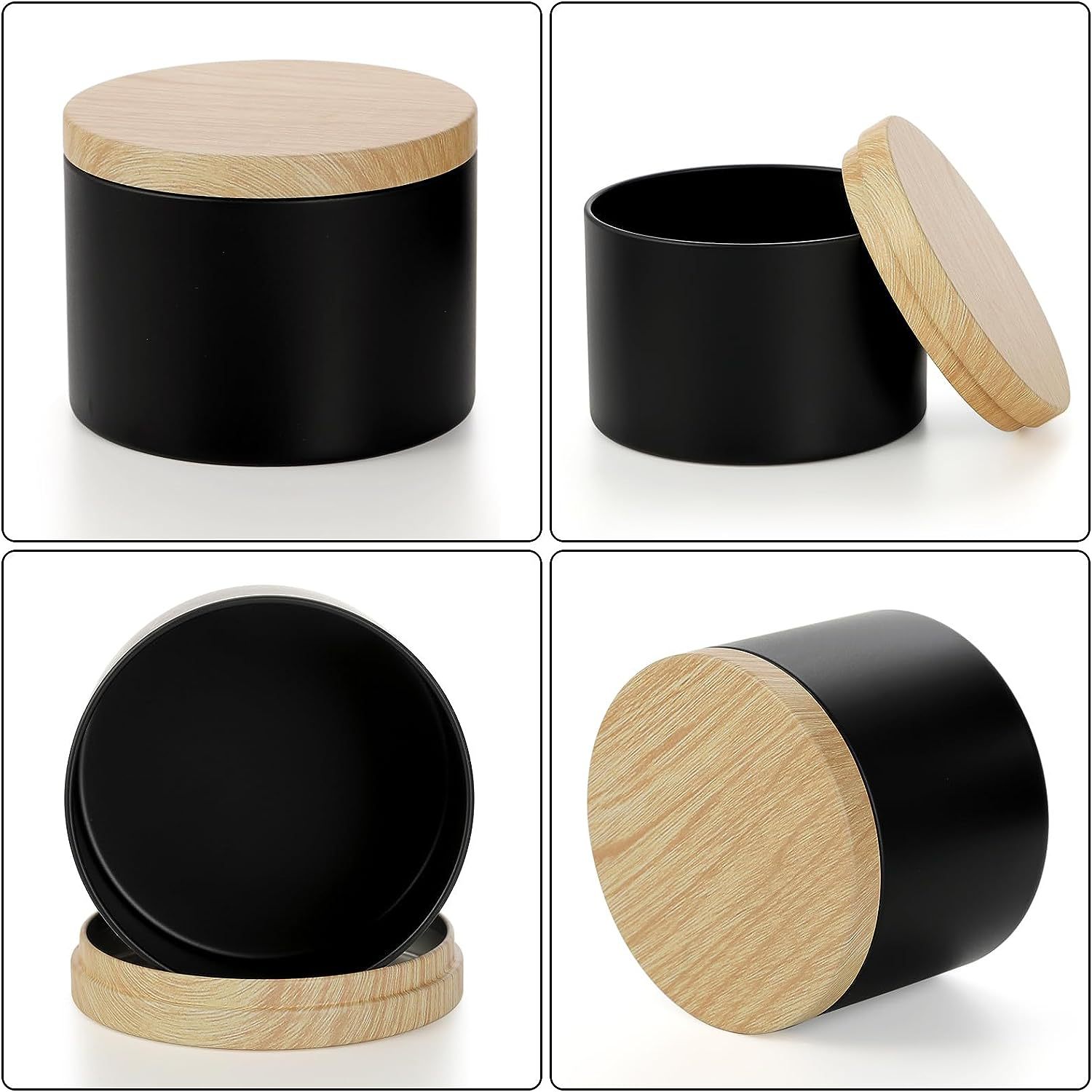 Caja redonda de hojalata negra sellada de doble cara con tapa de imitación de madera de alta gama para dulces, velas y aromaterapia, 4oz 8oz, al por mayor