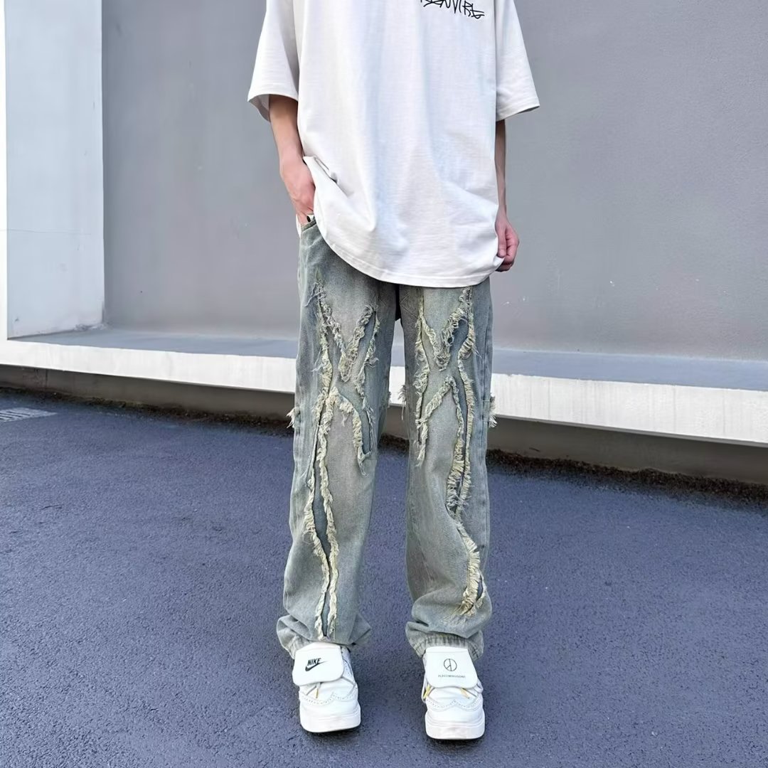 American High Street vintage jeans hombres Vibe desgastado parche diseño de pierna ancha pantalones casuales Pantalones rectos sueltos moda