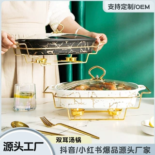 北欧风长方形双耳陶瓷砂锅定制家用餐具轻火加热汤锅带盖OEM定做