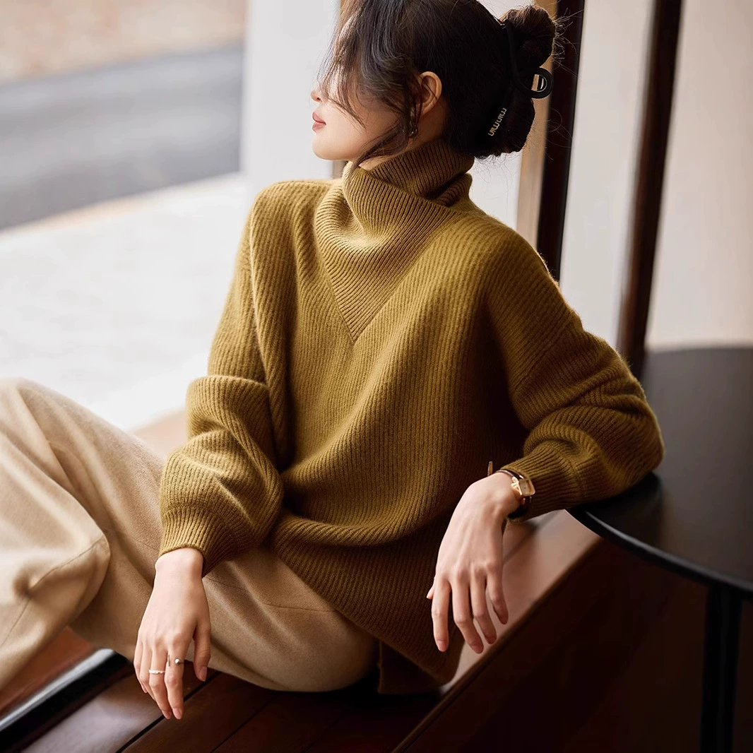 Горный кашемировый свитер женский 100 чистый кашемир с высоким вырезом осенью и зимой новый свободный рукав фонарь ленивый повседневный толстый свитер