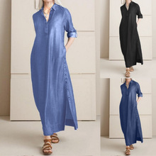 独立站速卖通wish欧美牛仔连衣裙亚马逊新款衬衣领牛仔钮扣长裙