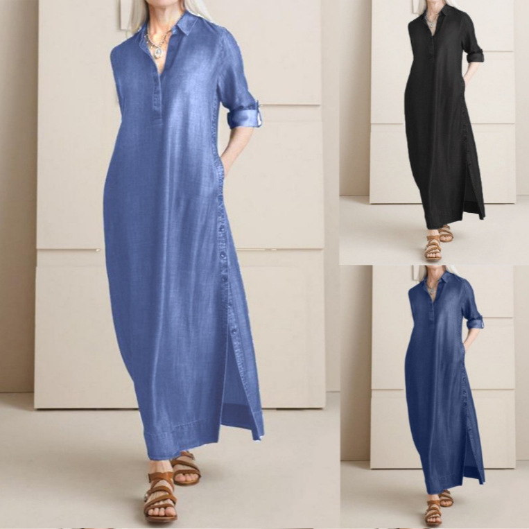 Independent station AliExpress wish European and American Denim dress Amazon new shirt collar Denim button dress