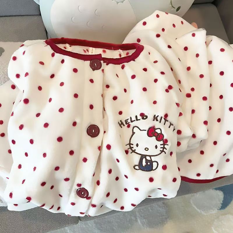 新款甜美Kitty猫睡衣女秋冬季保暖长袖长裤套装可外穿家居服|undefined