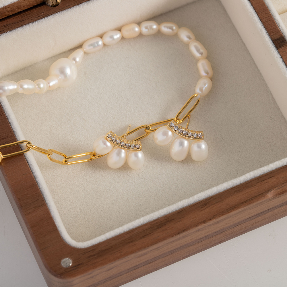 Glam Water Droplets Copper Gold Plated Pearl Zircon Ear Studs 1 Pair