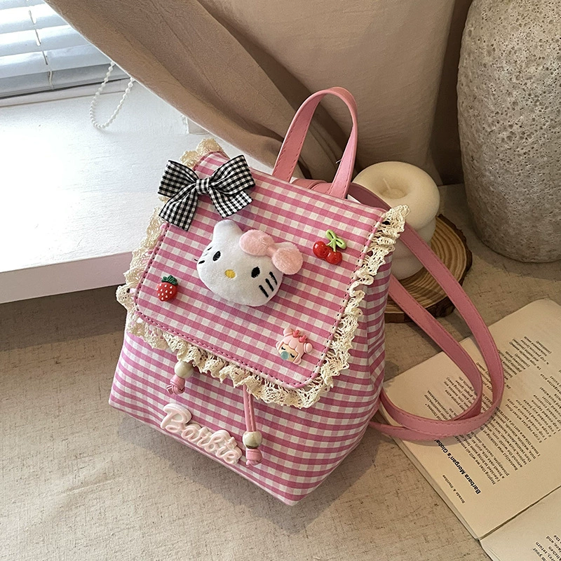 Мини‑рюкзак (Hello Kitty) в клетку с кружевом, 17×9×21 см, лёгкий 0,27 кг