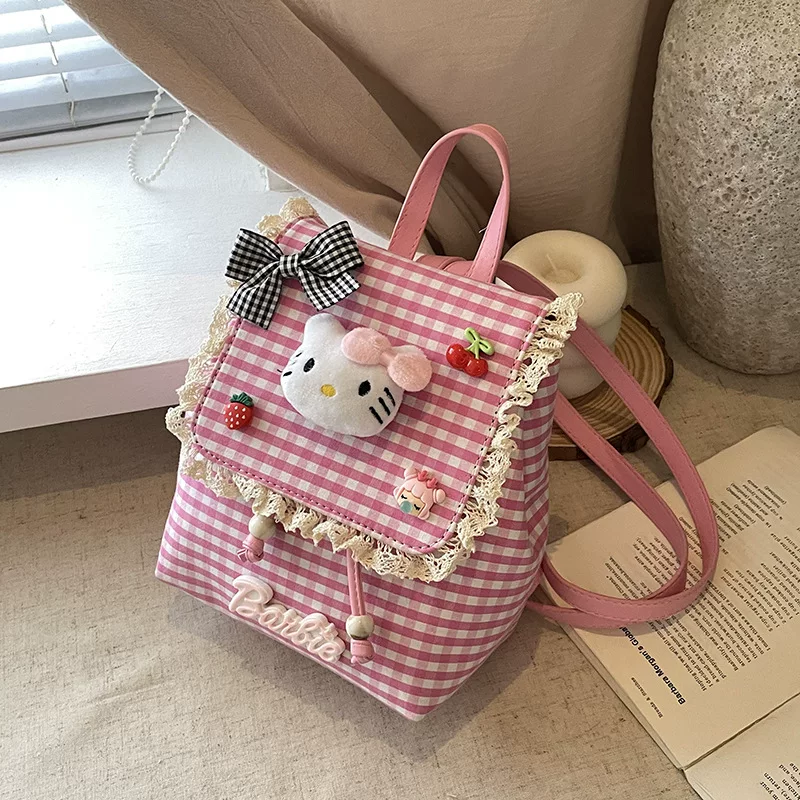 Мини‑рюкзак (Hello Kitty) в клетку с кружевом, 17×9×21 см, лёгкий 0,27 кг
