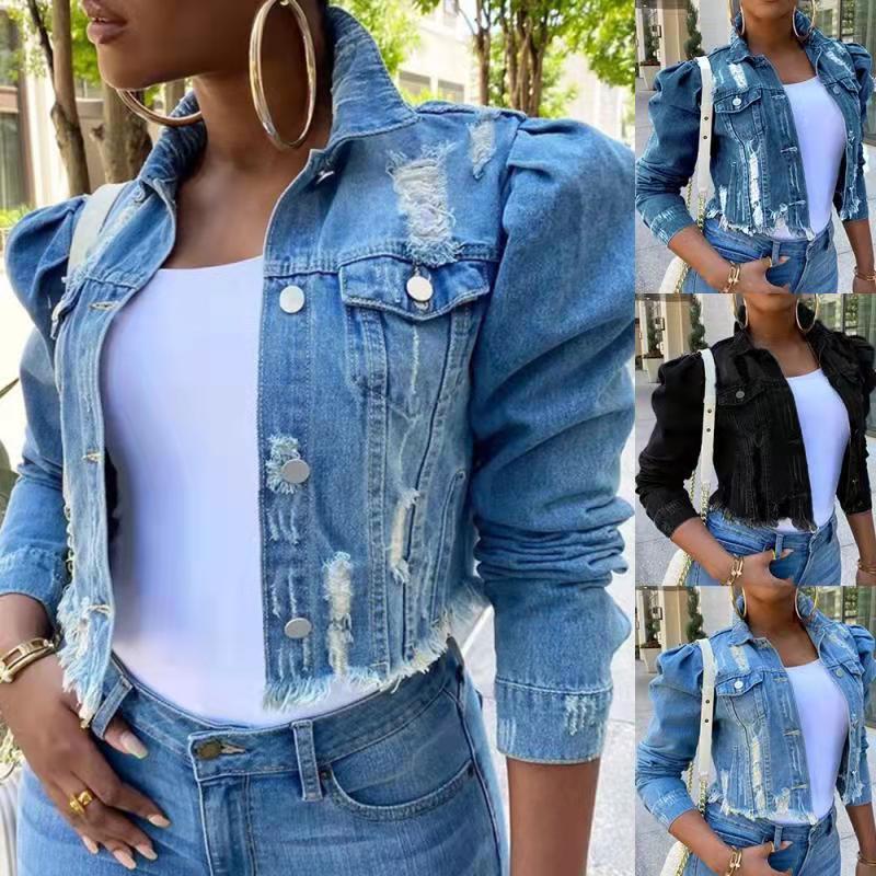 2026 European and American Cross-Border New Style Denim Jacket Loose Street Style Washed Ripped Long-Sleeve Denim Short Jacket Top