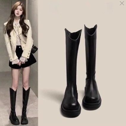 Long Boots for Women, Autumn and Winter New Style, Fleece-Lined, Thick-Soled, Wide Shaft, Plus-Size, V-Cut High Tube Riding Boots