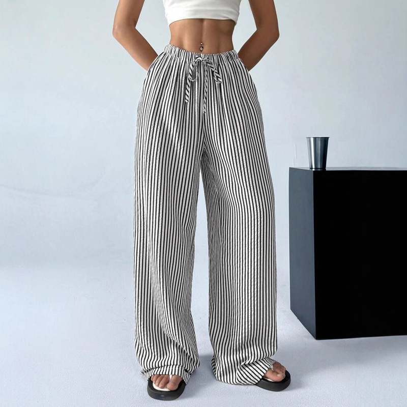 In-Stock Spring, Summer, and Autumn European and American Amazon Aliexpress Tk Cross-Border Women's Striped Loose Casual Straight-Leg Pants