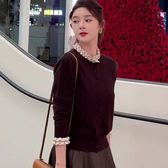 氛围感木耳花边单排扣羊绒针织开衫2025秋款修身显瘦设计感上衣