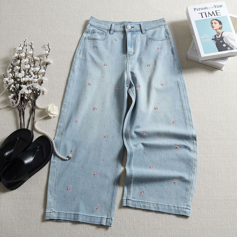 Tencel Cotton Light Blue Jeans with Heavy Embroidery and Rhinestones, Loose Fit, Breathable, Summer Thin Wide-Leg Straight Pants Tencel Cotton Light Blue Jeans with Heavy Embroidery and Rhinestones, Loose Fit, Breathable, Summer Thin Wide-Leg Straight Pants
