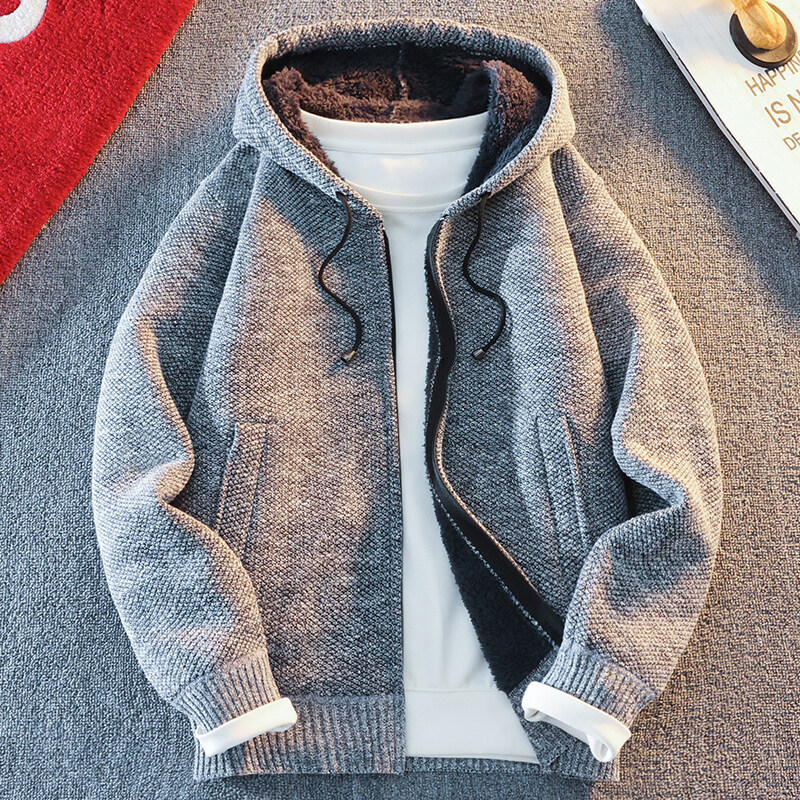 Cross-Border Knitwear Men's Loose Hooded Velvet Thickened Foreign Trade Knitwear Youth Fashion Casual Cardigan Jacket