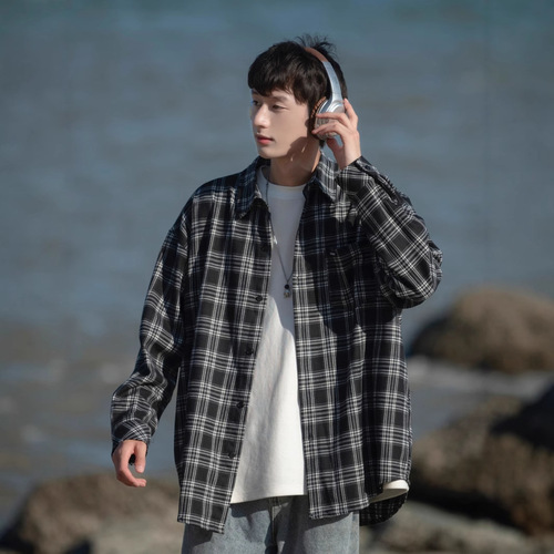 Men's long-sleeve grid shirt, spring and autumn men's clothing, autumn wear, thin men's shirt, outerwear, men's style