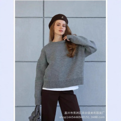 跨境圆领毛衣女欧美2025秋冬新款纯色百搭休闲慵懒套头针织衫上衣
