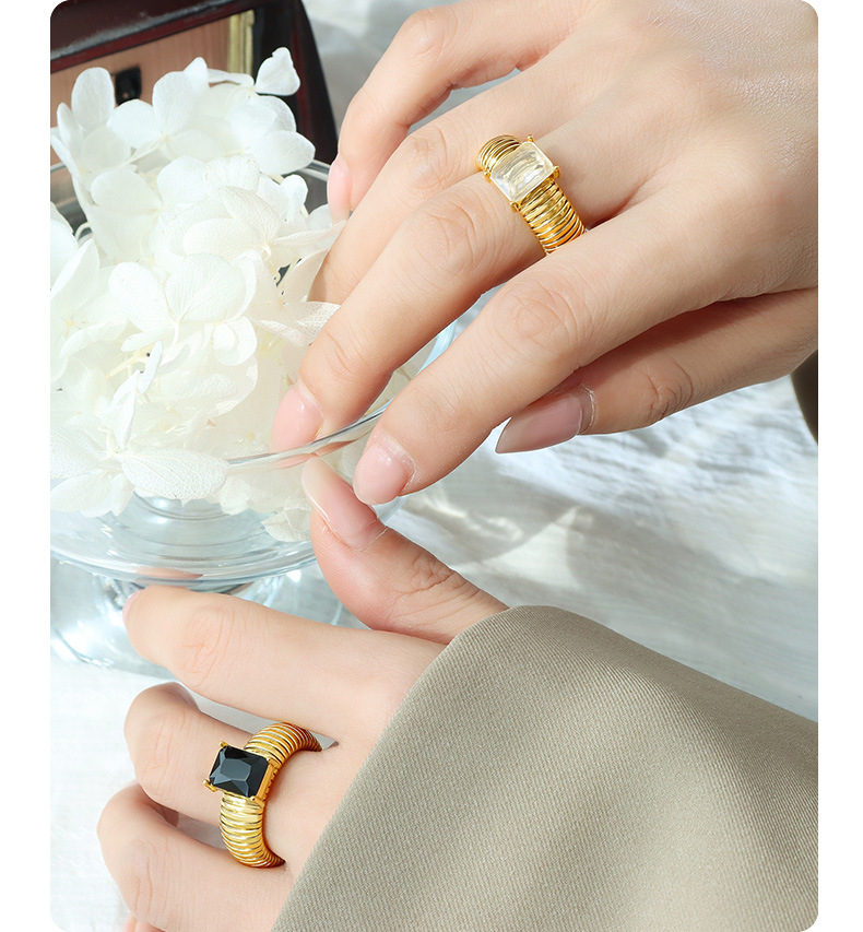 Zircon Inlay Material Rings Classification PVD Coated Real Gold Plated 18K Gold Geometric 304 Stainless Steel Retro Waterproof Non Tarnish Rings