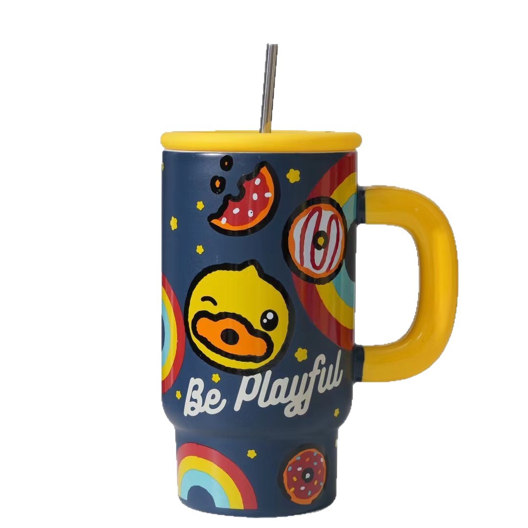 Auténtica licencia B. Duck personalidad pato amarillo taza de paja de cerámica acompañante regalo de cumpleaños taza de agua grande capacidad