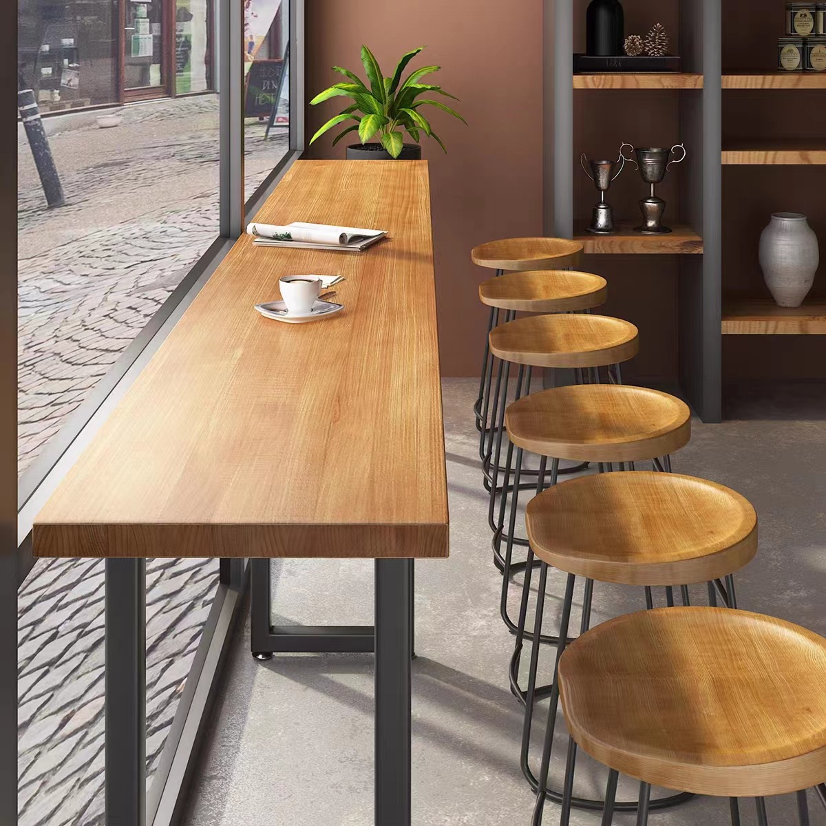 Solid wood bar table and chair combination commercial bar milk tea shop long high leg home balcony window side wall narrow table