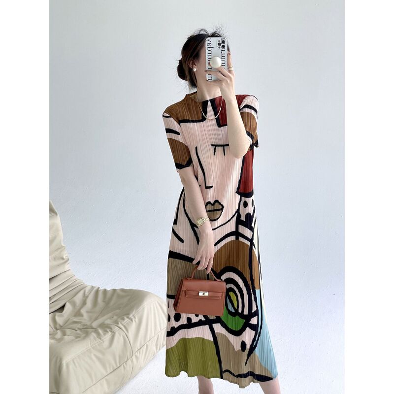 Miyake 2025 New Summer Fashion Printed Design Short-Sleeved Pleated Dress Elegant Slim Mid-Length Skirt