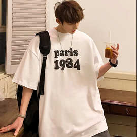 500-paris1984志熙纯棉男士短袖T恤新款美式简约印花宽松韩版半袖