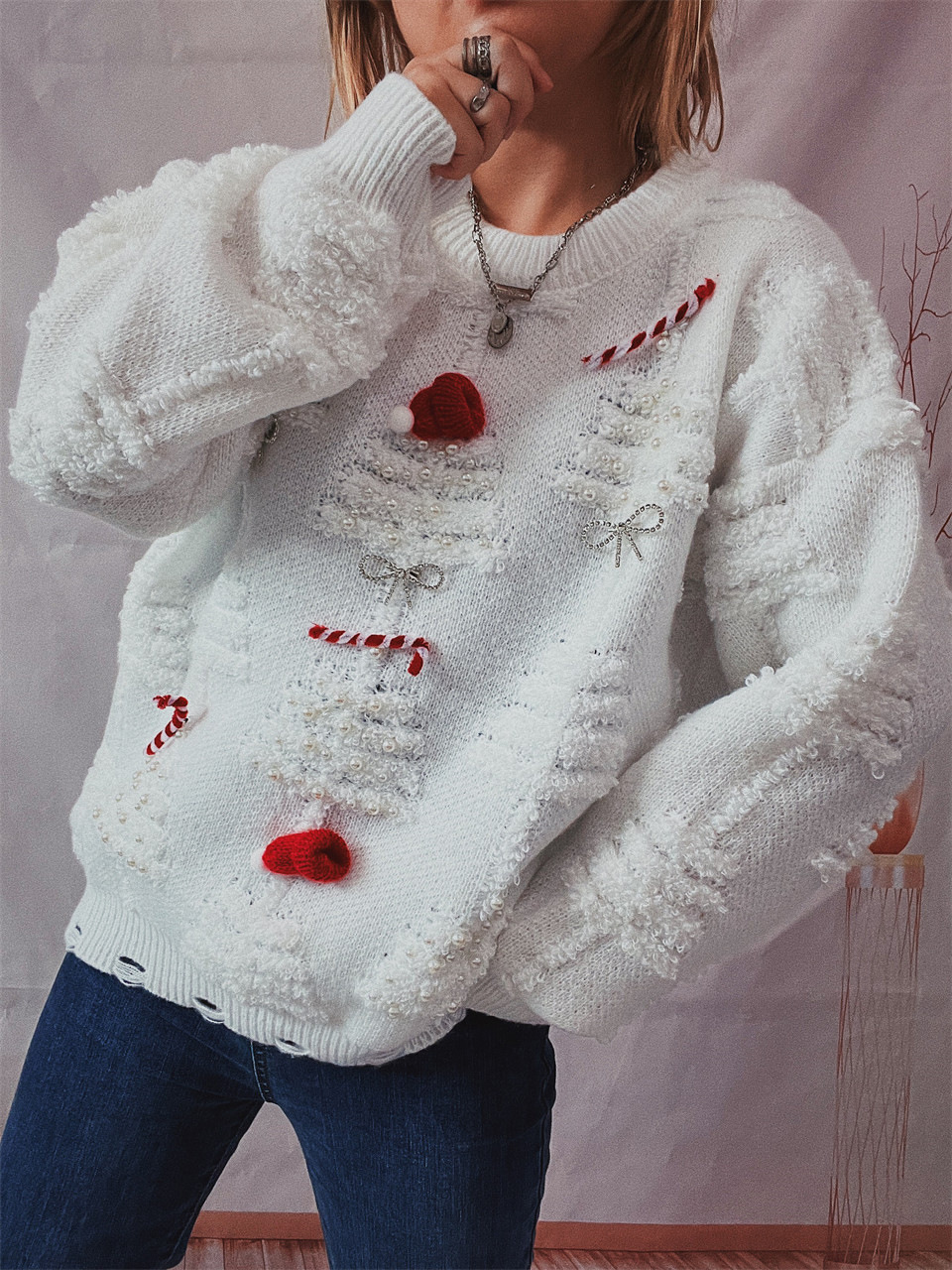 Suéter Navideño 2025 con Perlas Hechas a Mano y Decoración 3D para Navidad y Año Nuevo, Estilo Transfronterizo para Amazon image 7