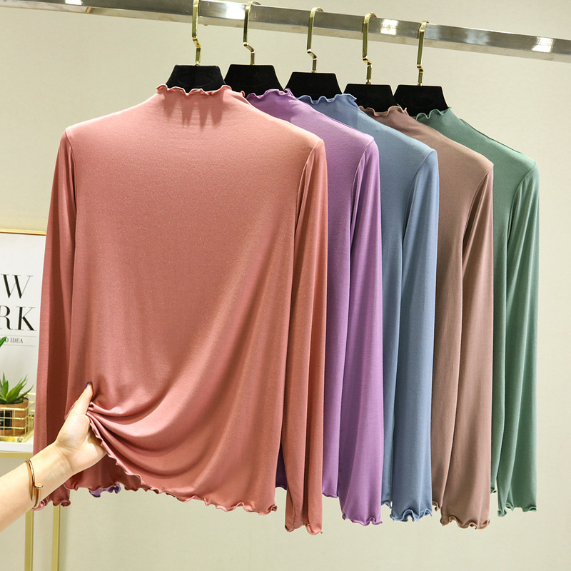 Bit cotton flash high collar long sleeve T-shirt spring and autumn thin sweet lace base shirt solid color pullover women's top