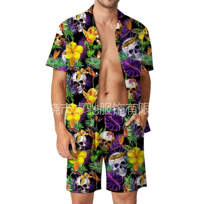 Трансграничный европейский код мужской повседневный свободный набор рубашек гавайского моря 3d цифровой принт пляжные шорты с короткими рукавами