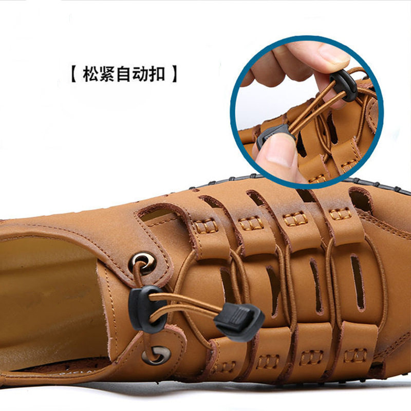 Dép sandal nam quai ngang da bò thật đế mềm thoáng khí kiểu lỗ rỗng — Màu Kaki, Màu nâu vàng, Màu đen