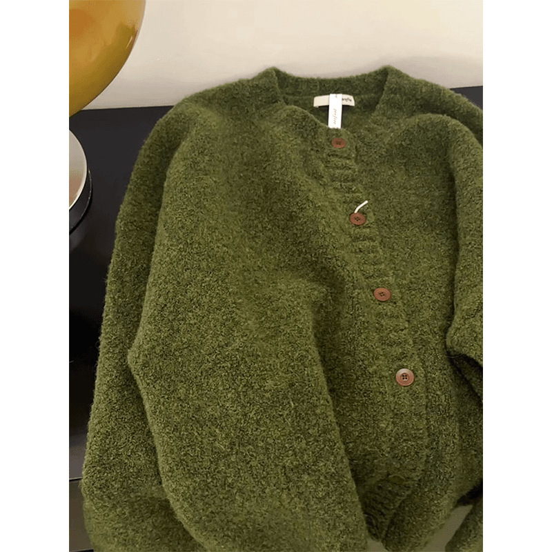 Autumn and Winter Soft Waxy Loose Lazy Wind Wool Knitted Cardigan Outerwear plus size Seaweed Green Mori Thickened Sweater Jacket