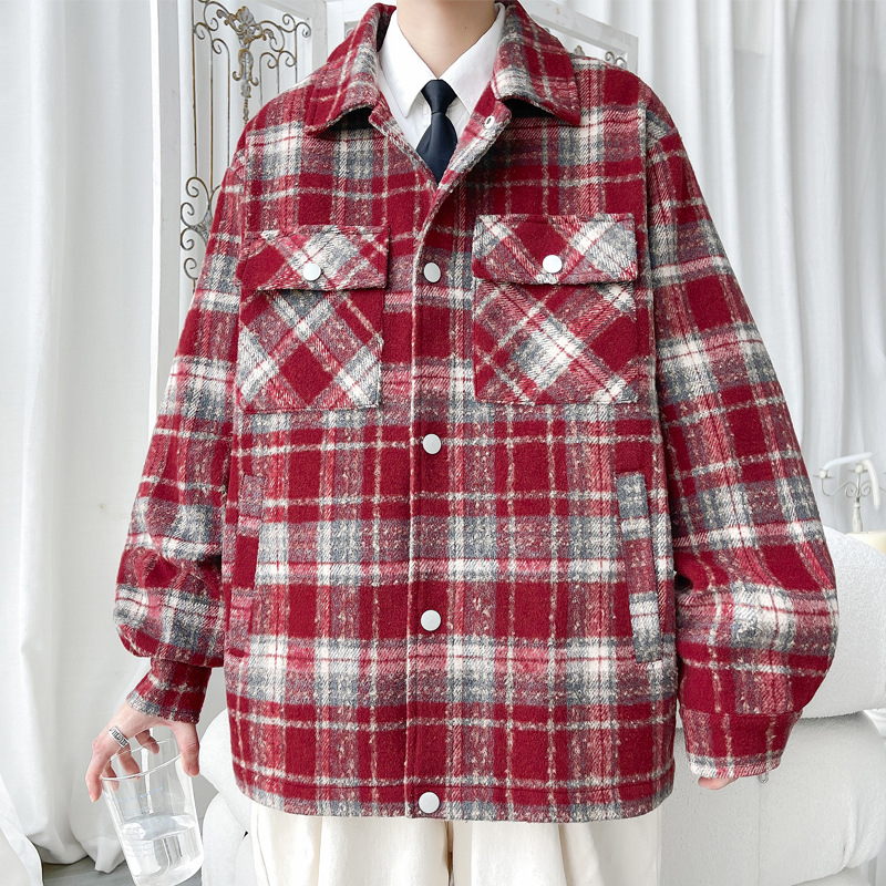 American Retro Plaid Men's Spring And Autumn Trendy High Street Vibe Baseball Style Shirt Jacket Coat_voghion.com