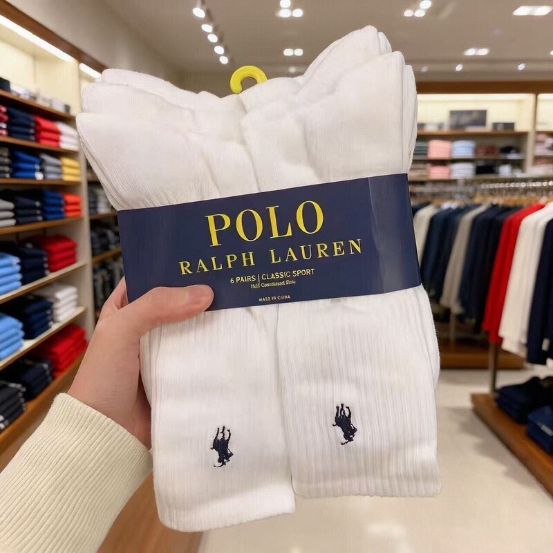 Foreign trade men's and women's socks, cross-border embroidered Polo Ralph Lauren pony design, mid-calf length, terry-bottom, black and white classic sports socks