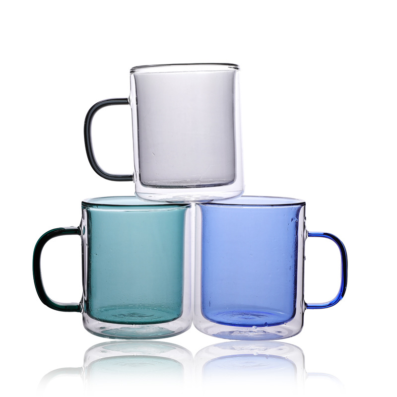 Vidrio de borosilicato para el hogar taza de agua de doble capa con aislamiento de doble capa taza de café con leche forro de color con mango taza de doble capa