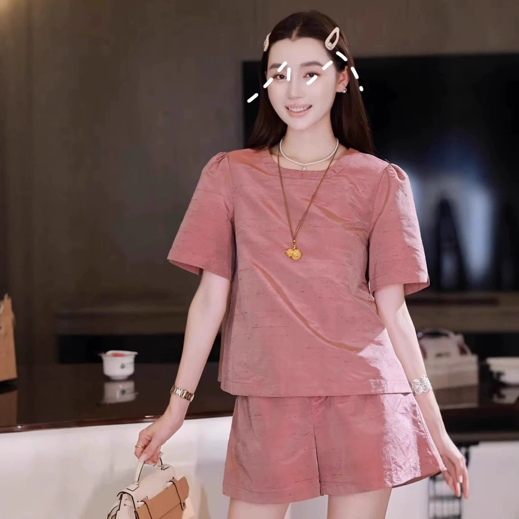 Новый китайский стиль Nanyou, оптовая продажа, двойной дворцовый шелк, простой красный и розовый двухцветный костюм с короткими рукавами, топ и брюки