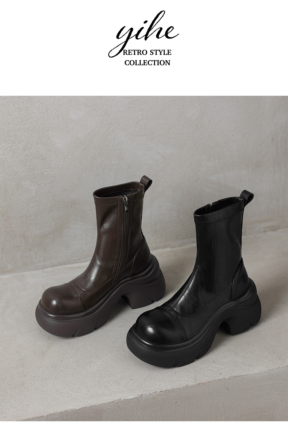 Boot nữ cổ thấp đế dày gót vuông co giãn da thật mùa thu đông — Lớp lót nhung màu nâu, nhung đen, Li đơn màu nâu, Lớp lót đơn màu đen chi tiết 14