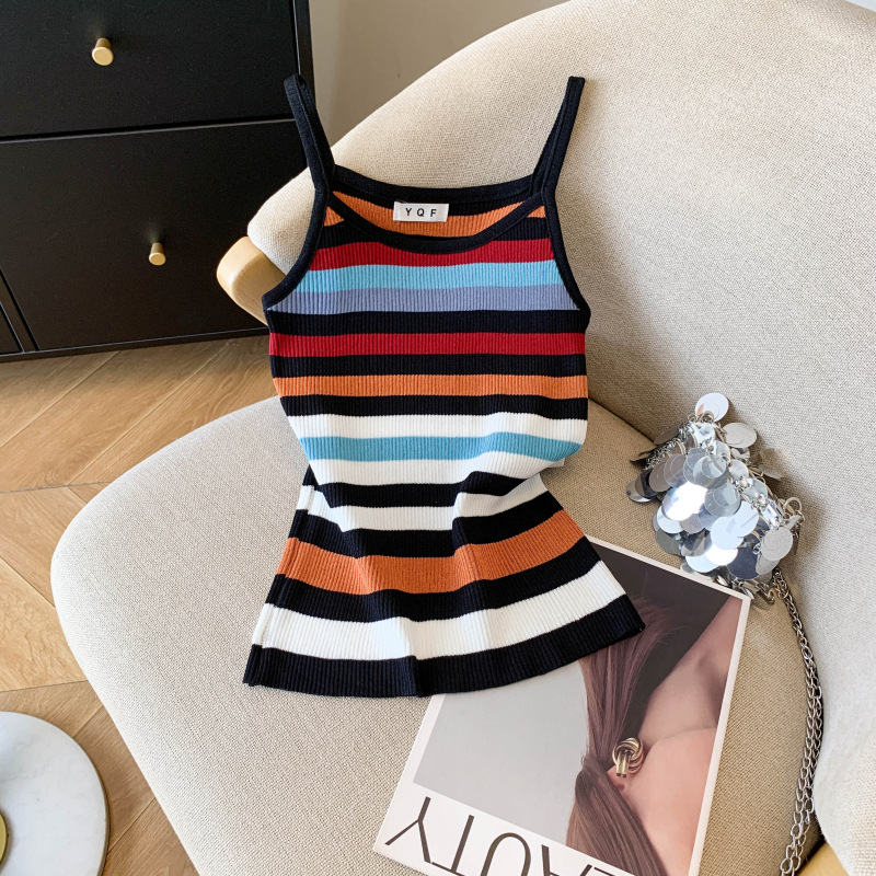 Real photos, bulk production: 2026 Summer New Slim Fit Rainbow Striped Vest, Sleeveless, Thin Ice Silk Knit Camisole for Women