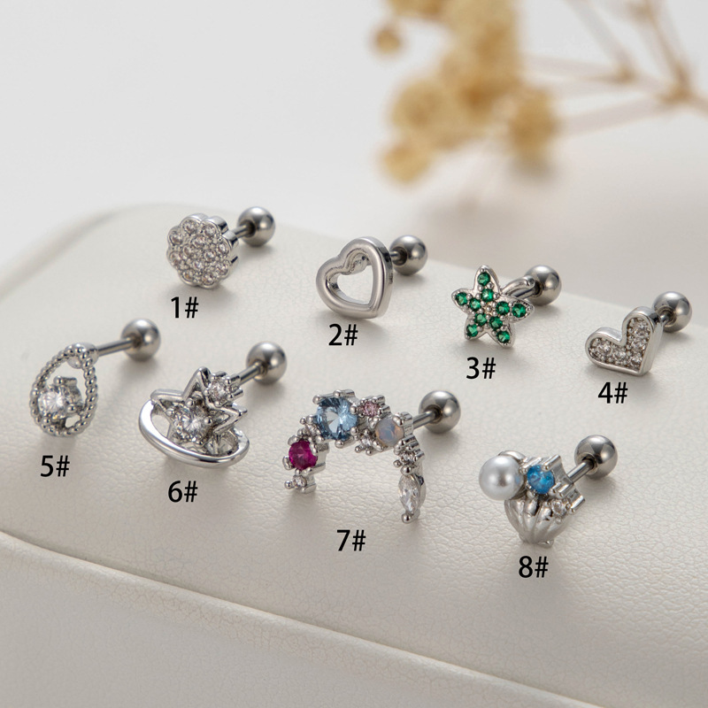 Henson's new stainless steel double head screw earrings, micro diamond heart hollow out, fashionable and versatile ear_voghion.com