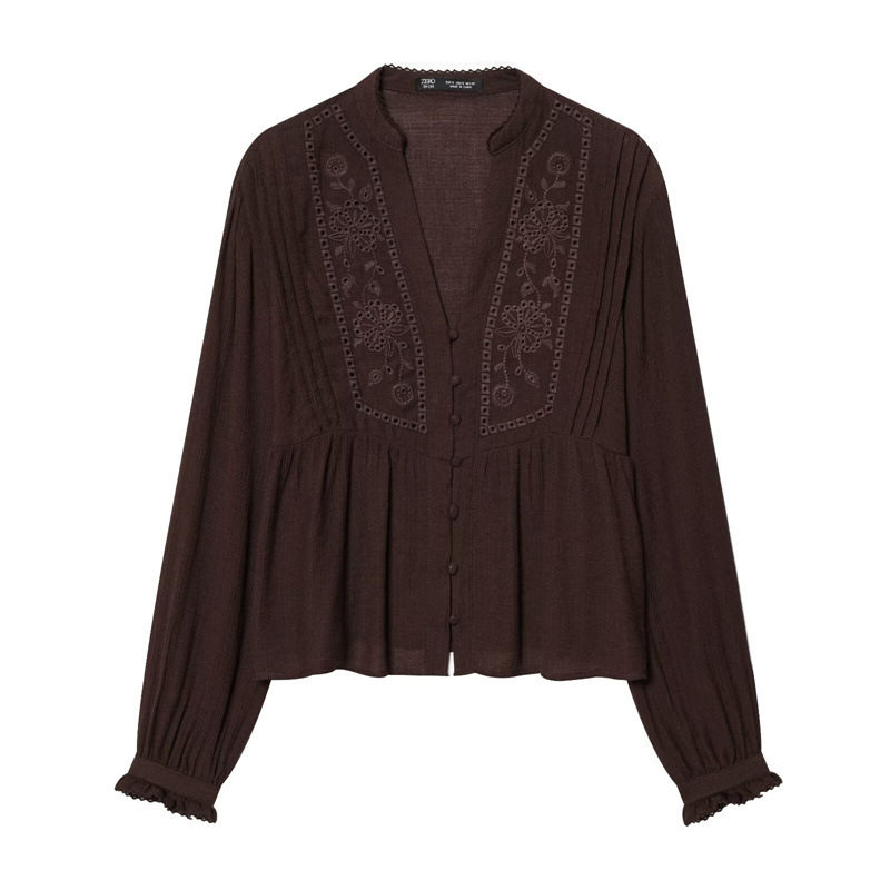 2026 Spring New European and American Style Solid Color Embroidered Shirt with a Loose Design, Long-Sleeve Shirt Top, V-Neck Cardigan