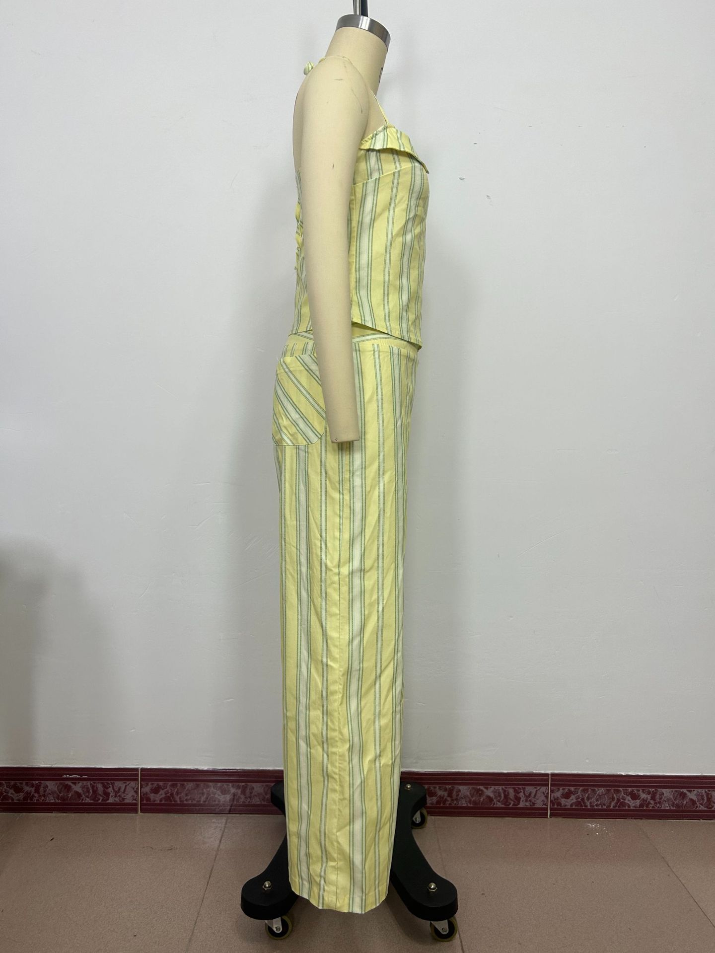 Women's Halter Neck Striped Lounge Set With Tie-Waist Top And Wide-Leg Pants | Soft Summer Loungewear_ecoleips.com