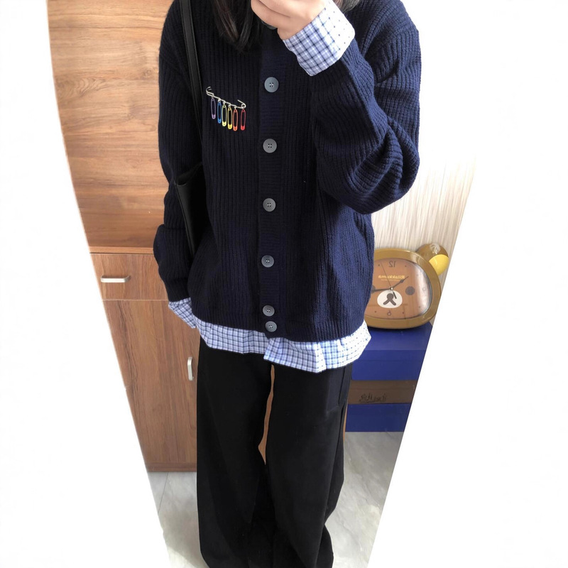 设计感格子拼接慵懒风复古别针假两件针织衫外套女秋冬毛衣开衫潮|undefined