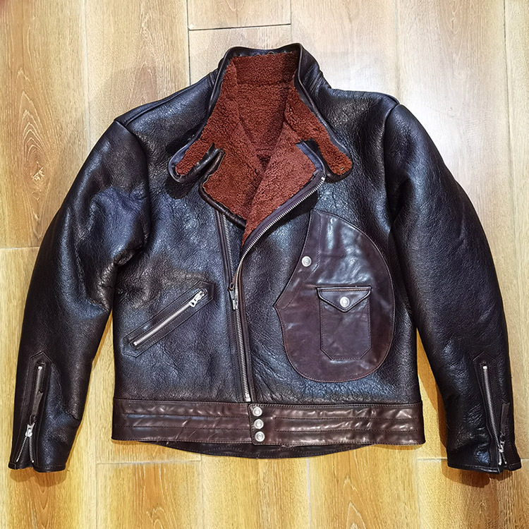 2021马皮配加厚头层绵羊皮皮毛一体男立领斜拉链阿美咔叽真皮皮草