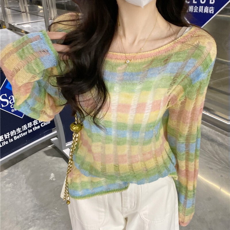Spring and summer rainbow striped contrast color mohair sweater women's thin hollow ice silk sunscreen blouse fashion top