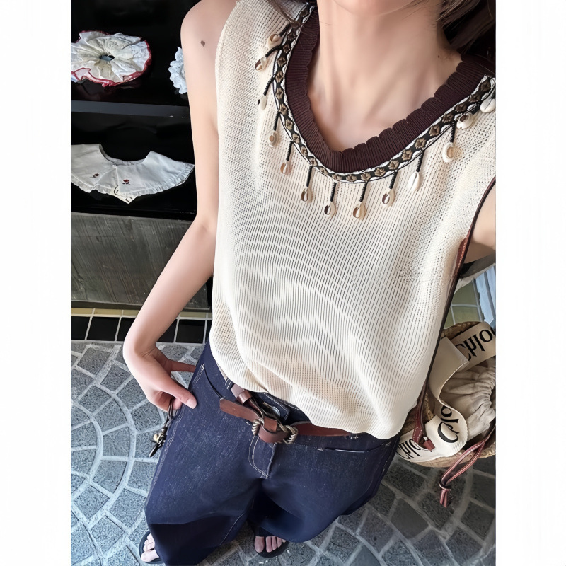 B1030 Shell Tassel Rice apricot Sleeveless T-shirt Women's Summer New Holiday Style Loose Knitwear Vest Top
