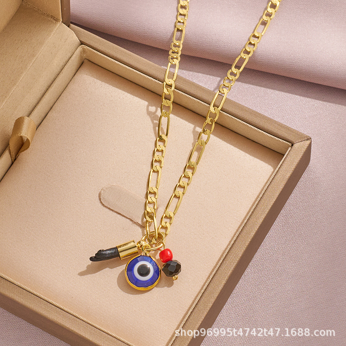 Hot Sale Stainless Steel Pendant with Black Little Hand Turkish Blue Eyes Evil Eye Necklace Women Ethnic Style Necklace