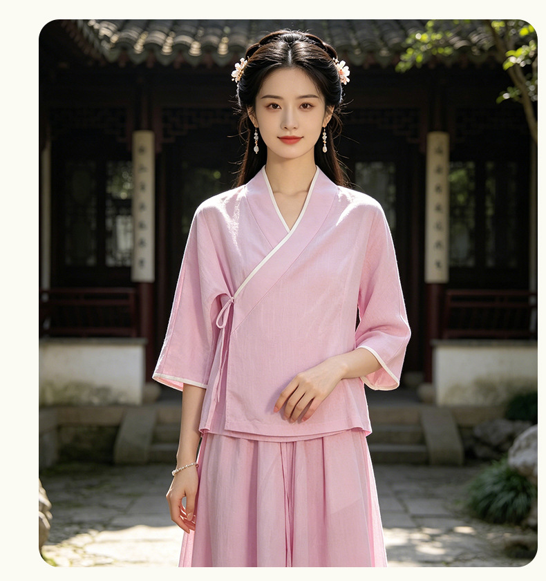 Váy mẹ con Hán phục cải tiến tay lỡ mùa hè chất liệu lanh pha sợi Lyocell phong cách Tân Trung Quốc — Màu hồng - Váy chi tiết 15