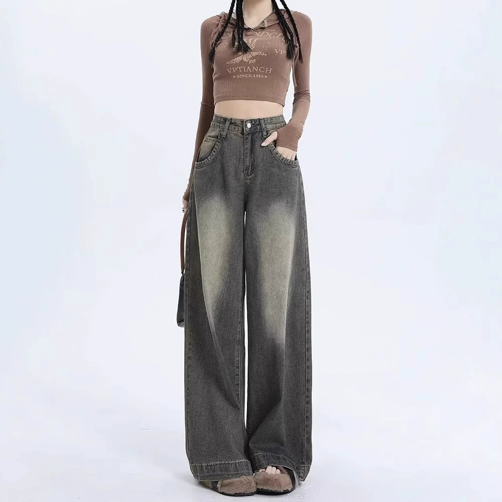 Retro autumn trousers, jeans, high waist, loose straight fit, high-quality style