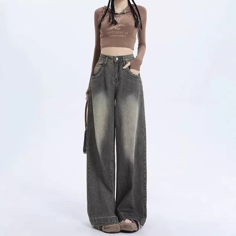 Retro autumn trousers, jeans, high waist, loose straight fit, high-quality style