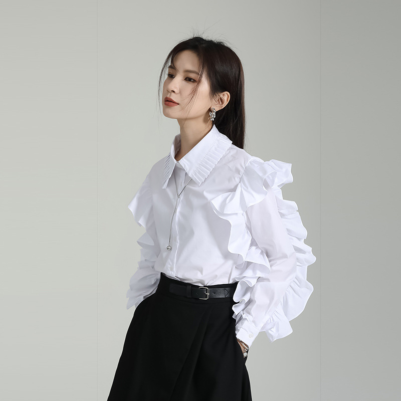 【Dreamweaver】Designer style heavy-duty pleated collar white shirt for women with three-dimensional ruffled edges and long sleeves