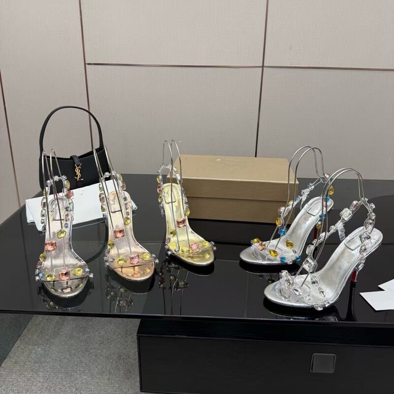 2026 Summer New Style Round-Toe Open-Toe Colorful Rhinestone Transparent Strap High-Heeled Sandals, Feminine Rhinestone Stiletto High Heels