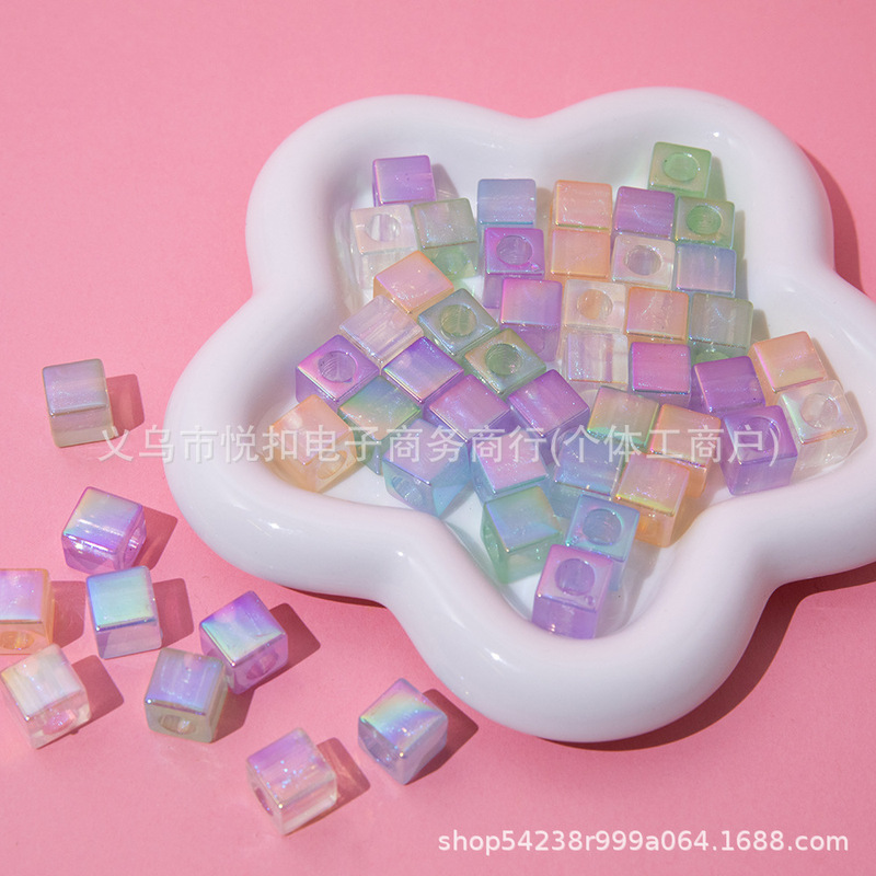 Acrylic light color glitter 12mm transparent square large hole beads beads handmade DIY mobile phone chain