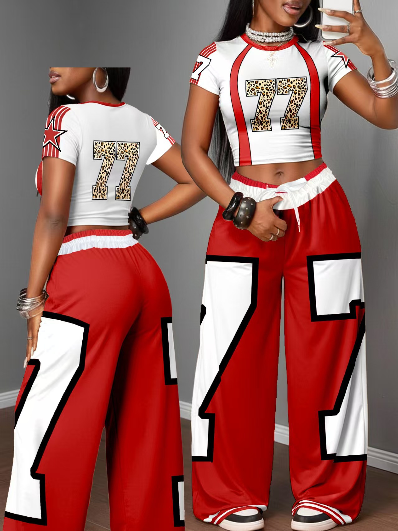 Completo due pezzi donna crop top stampato e pantaloni ampi_voghion.com