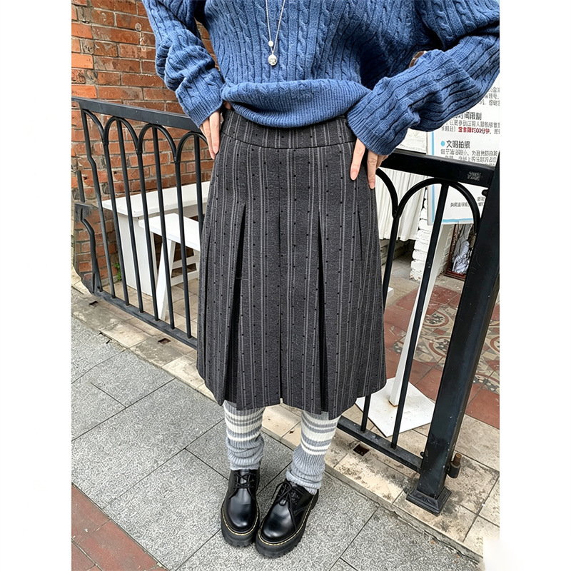 Trendy gray polka dot pleated skirt for women, autumn and winter long skirt, new style petite skirt